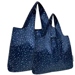 Wrapables Large & Small Foldable Tote Nylon Reusable Grocery Bags, Set of 2, Twinkling Stars