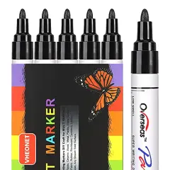 6 Pieces Black Paint Markers Pens - Single Color Permanent Oil-Based Metallic Paint Pen, Medium Tip, Quick Dry and Waterproof Marker for Rock, Stone, Wood, Plastic, Glass, Mugs, Fabric, Canvas