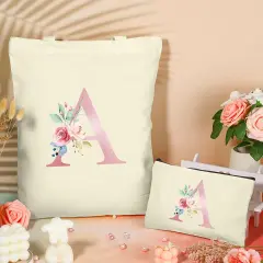 Initial Canvas Tote Bag with Zipper Pockets,Personalized Totes for Women Bridesmaids Teacher,Cosmetic Makeup Bag,Monogrammed Gifts for Wedding Birthday (Letter A)