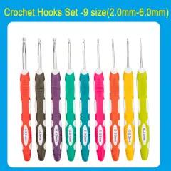 9 Pieces Longer Ergonomic Crochet Hook Set USA Standard Size B to J 2.0mm-6.0mm Smooth Soft Grip Handles Crochet Needles Knitting Needles for Arthritic Hands,Beginners and Experienced Crocheter