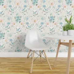 Peel & Stick Wallpaper 2FT Wide Romantic Floral Blue Gray Pink Watercolor Flowers Custom Removable Wallpaper by Spoonflower