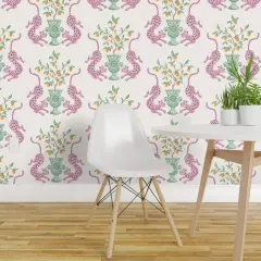 Peel & Stick Wallpaper 2FT Wide Whimsical Pink Green Orange Damask Animals Botanical Custom Removable Wallpaper by Spoonflower