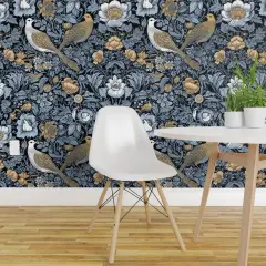 Peel & Stick Wallpaper 2FT Wide Blue Victorian Damask Art Nouveau Love Birds Floral Botanical Large Scale Baroque Nature Doves Custom Removable Wallpaper by Spoonflower
