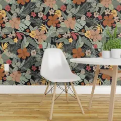Peel & Stick Wallpaper 2FT Wide Tropical Floral Exotic Jumbo Scale Flowers Hibiscus Leaves Botanical Custom Removable Wallpaper by Spoonflower