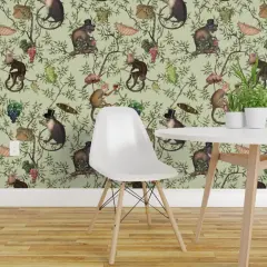 Peel & Stick Wallpaper 2FT Wide Green Chinoiserie Victorian Animals Rococo Garden Party Leaves Monkeys Historic Toile Botanical Whimsical Large Scale Custom Removable Wallpaper by Spoonflower