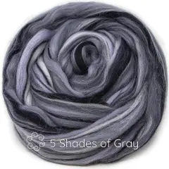 100% Merino Wool Roving. Soft Colorful Combed Top Roving for Felting, Spinning, Fiber Arts. 5 Shades of Grey