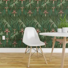 Pre-Pasted Wallpaper 2FT Wide Art Nouveau Deco Emerald Green Nature Floral Lillies 1920S Custom Pre-pasted Wallpaper by Spoonflower