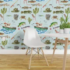 Pre-Pasted Wallpaper 2FT Wide Watercolor Adventure Fish Boat Nautical Light Blue Custom Pre-pasted Wallpaper by Spoonflower
