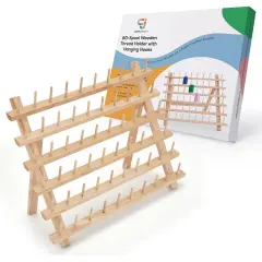 JumblCrafts Wooden Thread Rack Holder. 60-Spool Thread Organizer Rack W/ Hooks & Flip-Out Legs, 16.1&rdquo;x1.9&rdquo;x13.2&rdquo;
