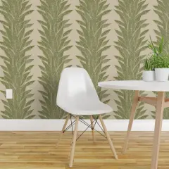 Pre-Pasted Wallpaper 2FT Wide Tropical Stripe Olive Green Succulent Neutral Greenery Custom Pre-pasted Wallpaper by Spoonflower