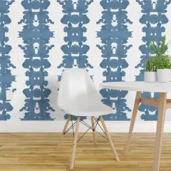 Pre-Pasted Wallpaper 2FT Wide Inkblot Stripe Blue White Denim Large Scale Abstract Modern Custom Pre-pasted Wallpaper by Spoonflower