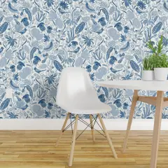 Peel & Stick Wallpaper 2FT Wide Blue Nature Birds Plant Cardinal Botanical Meadow Chintz Quail Southern Medium Scale Custom Removable Wallpaper by Spoonflower