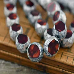 *15* 8mm Antique Silver Washed Lady Bug Red 2 Cut Fire Polished Faceted Round Beads