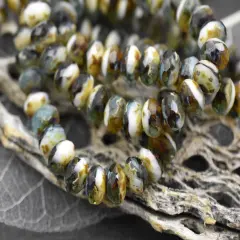 *25* 6x8mm Aqua Beige Topaz Picasso Blended Fire Polished Round Beads