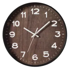 Decorative Modern Round Wood- Looking Plastic Wall Clock for Living Room, Kitchen, or Dining Room Brown