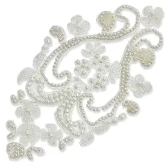 Vintage Bridal Pearl Heart with Beaded Vase Applique White