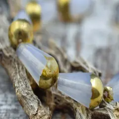 *8* 8x15mm Gold Tipped Milky White Picasso Faceted Drop Beads