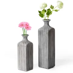 Grey Striped Decorative Square Table Centerpiece Flower Vase Display Modern Home Decor Accent Stylish Elegant Ornamental Accessory Floral Arrangement Holder Living Room Dining Room Kitchen Decoration