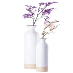 Elegant Black or White Cylinder Shaped Tall Spun Bamboo Floor Vases, Embellished with a Glossy Lacquer, and Enhanced with Natural Bamboo Finish - Stylish Home Decor, Heights of 31 and 23.5 Inches Set of 2 White