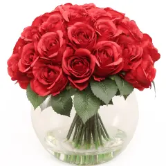Red Rose Arrangement in Faux Water Look Glass Vase, Floral Home by Artificial Flowers