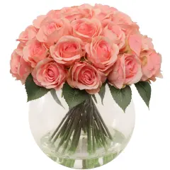 Pink Rose Arrangement in Faux Water Look Glass Vase - 1 Piece , Lifelike Floral Centerpiece, Perfect for Home, Office, and Event D&eacute;cor, Floral Home by Artificial Flowers