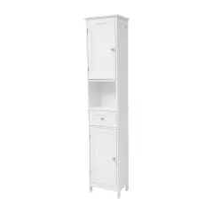 Merrick Lane Delilah Slim Linen Tower Organizer with Storage Drawer, Upper and Lower Cabinets with Magnetic Closure Doors and Open Shelf White