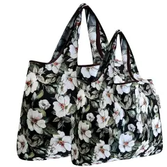 Wrapables Large & Small Foldable Tote Nylon Reusable Grocery Bags, Set of 2 White Pansies