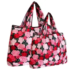 Wrapables Large & Small Foldable Tote Nylon Reusable Grocery Bags, Set of 2 Pink Roses