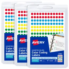 Avery Color-Coding Removable Labels, 1/4 Inch Round Labels, Assorted Colors, Non-Printable, 3 Packs, 2,304 Dot Stickers Total (5641)