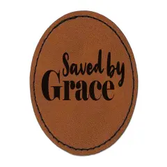 Saved by Grace Inspirational Christian Round Iron-On Engraved Faux Leather Patch Applique - 2.5" Brown
