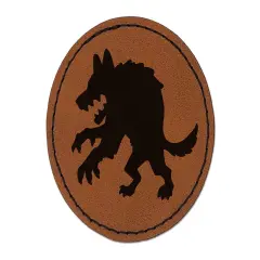 Werewolf Monster Wolf Man Silhouette Halloween Round Iron-On Engraved Faux Leather Patch Applique - 2.5" Brown