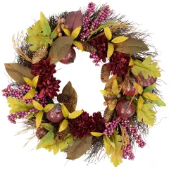 Northlight Mums and Pomegranates Artificial Fall Harvest Twig Wreath, 24-Inch Brown