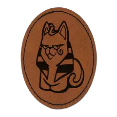 Egyptian Sphinx Cat Loaf Round Iron-On Engraved Faux Leather Patch Applique - 2.5" Brown