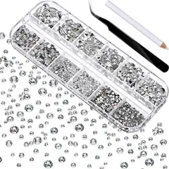 2000 Pieces Flat Back Gems Rhinestones 6 Sizes (1.5-6 Mm) Round Crystal Rhinestones with Pick up Tweezer and Rhinestones Picking Pen for Crafts Nail Clothes Shoes Bags DIY Art (Clear)