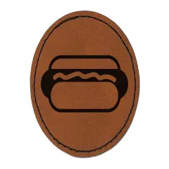 Yummy Hot Dog Round Iron-On Engraved Faux Leather Patch Applique - 2.5" Brown