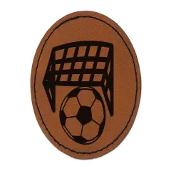 Soccer and Goal Net Round Iron-On Engraved Faux Leather Patch Applique - 2.5" Brown