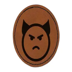 Angry Devil Face Emoticon Round Iron-On Engraved Faux Leather Patch Applique - 2.5" Brown