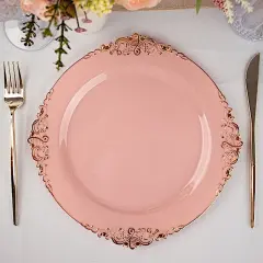 10 Pcs Disposable Plastic Salad Dinner Plates Embossed Baroque Trim Party Dusty rose