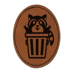 Lively Raccoon in Trash Can Round Iron-On Engraved Faux Leather Patch Applique - 2.5" Brown