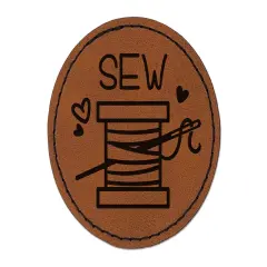 Spool of Thread Sew Sewing Round Iron-On Engraved Faux Leather Patch Applique - 2.5" Brown