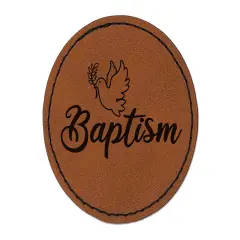 Baptism Dove Christening Round Iron-On Engraved Faux Leather Patch Applique - 2.5" Brown
