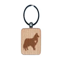 Rough Collie Dog with Heart Engraved Wood Square Keychain Tag Charm