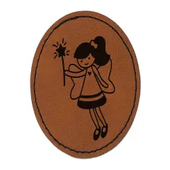 Sweet Fairy with Wand Round Iron-On Engraved Faux Leather Patch Applique - 2.5" Brown
