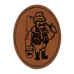 Fisherman Dad with Fishing Rod Round Iron-On Engraved Faux Leather Patch Applique - 2.5" Brown