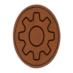 Gear Outline Round Iron-On Engraved Faux Leather Patch Applique - 2.5" Brown