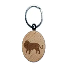Lion Solid Engraved Wood Round Keychain Tag Charm