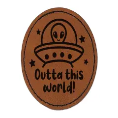 Outta Out of This World Alien Spaceship Round Iron-On Engraved Faux Leather Patch Applique - 2.5" Brown