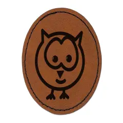 Owl Doodle Round Iron-On Engraved Faux Leather Patch Applique - 2.5" Brown