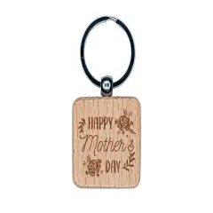 Happy Mother's Day Framed in Roses Engraved Wood Square Keychain Tag Charm