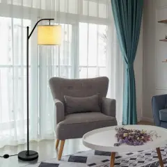 Standing Arc Modern Floor Lamp With Fabric Hanging Lamp